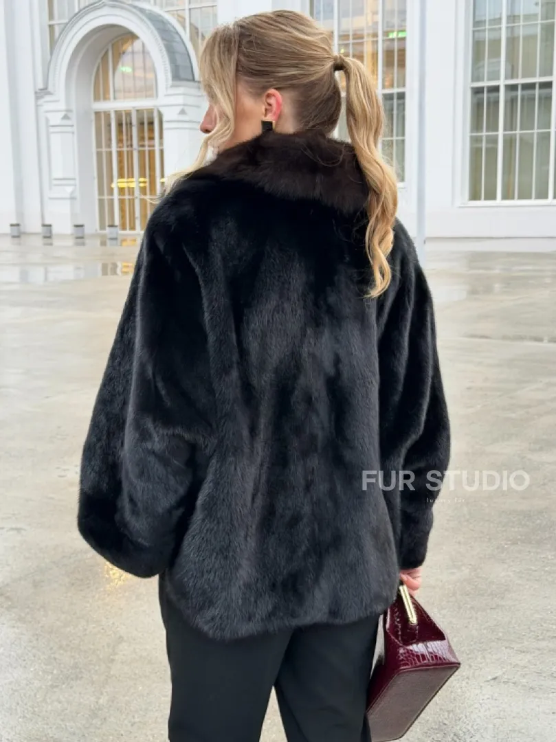 Черный норковый жакет с воротником куницы
