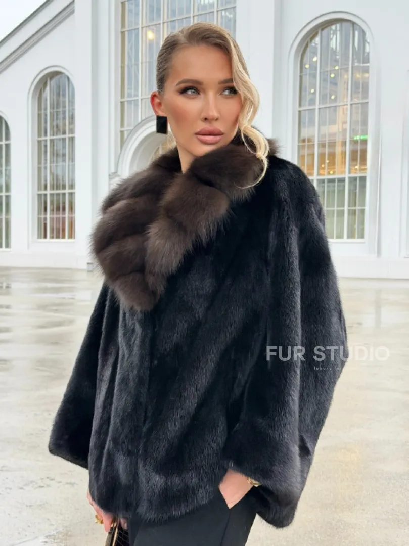 Черный норковый жакет с воротником куницы
