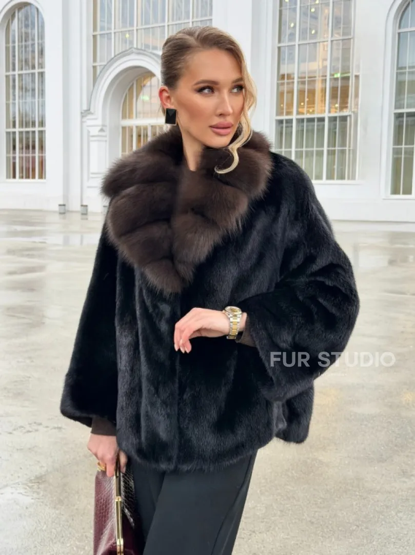 Черный норковый жакет с воротником куницы