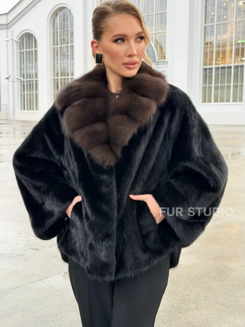 Черный норковый жакет с воротником куницы