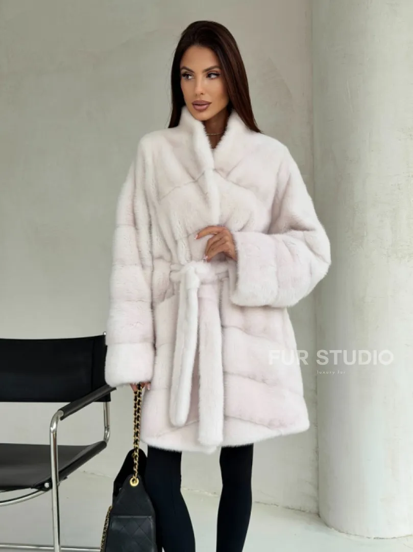 Белая шуба-кимоно, мех норка