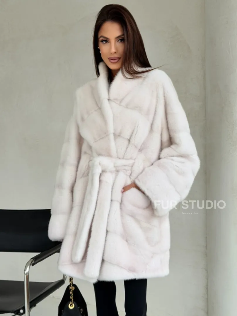 Белая шуба-кимоно, мех норка
