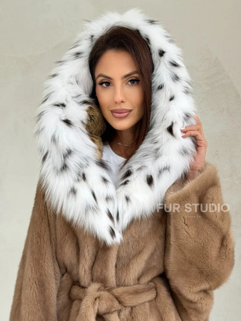 Шуба норковая пастель в роспуск с капюшоном под рысь