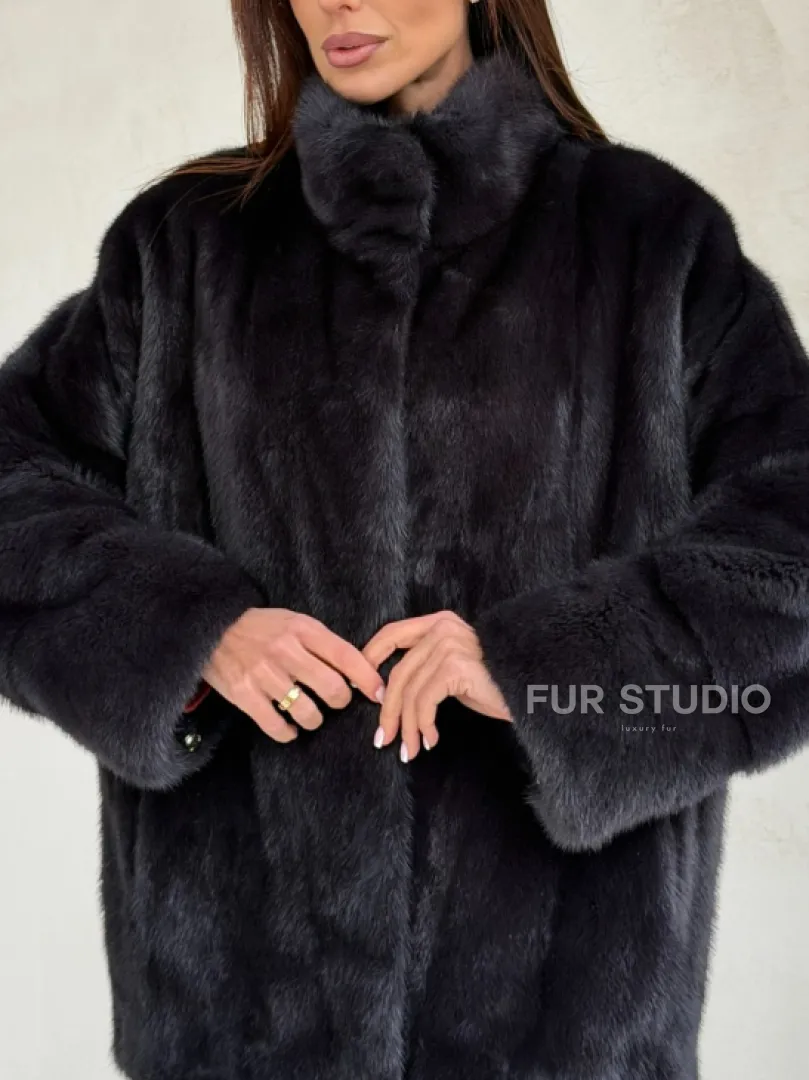 Норковый полушубок графит - стойка воротник