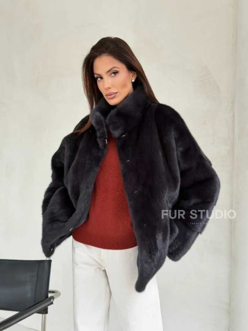 Норковый полушубок графит - стойка воротник