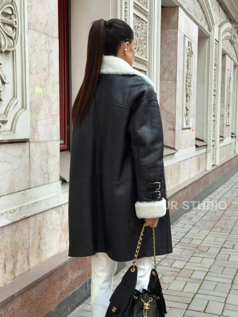 Дубленка авиатор длинная на белой овчине