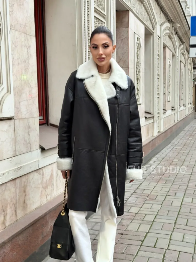 Дубленка авиатор длинная на белой овчине