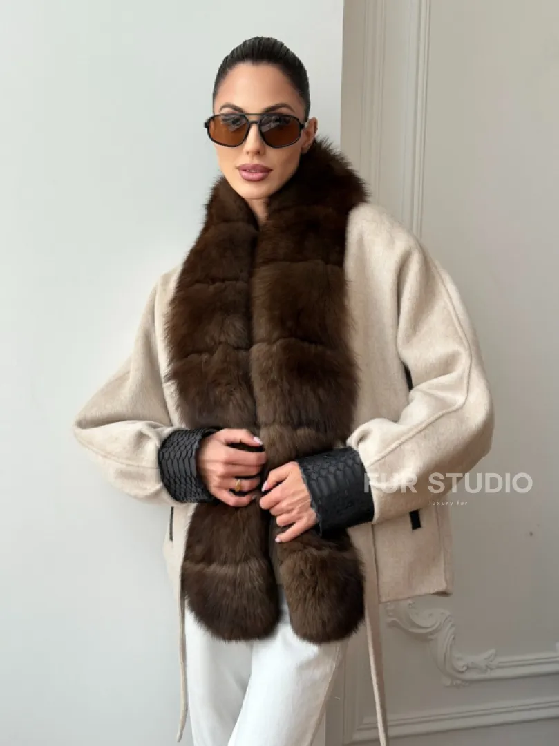 Женское шерстяное полупальто с мехом