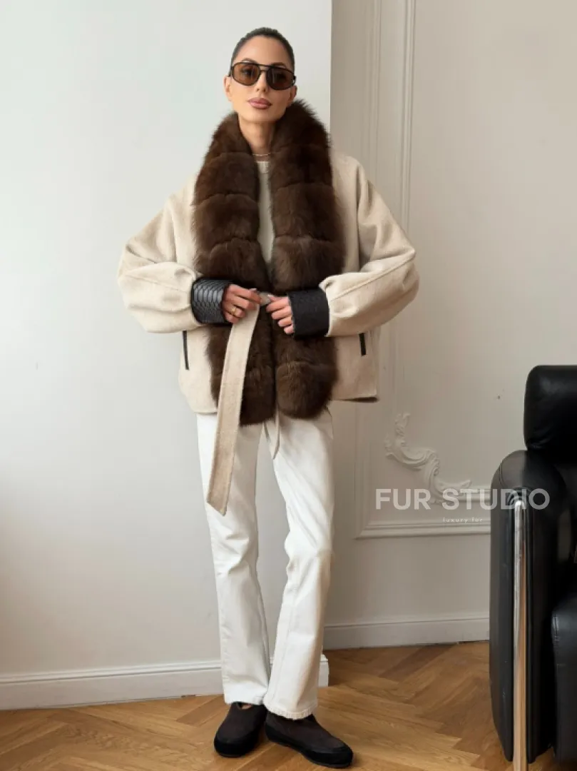 Женское шерстяное полупальто с мехом