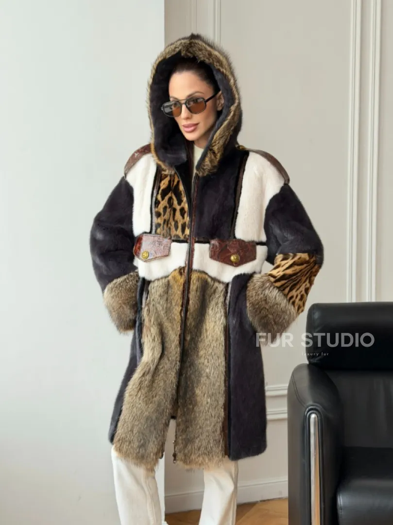Комбинированная норковая шуба с капюшоном