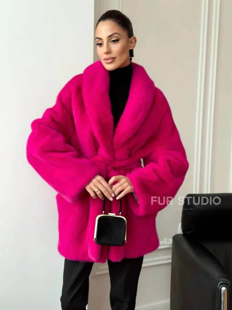 Шуба из плюшевой норки Velvet - фуксия