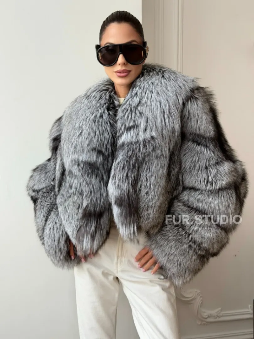 Кроп-полушубок с шалевым воротником из чернобурки