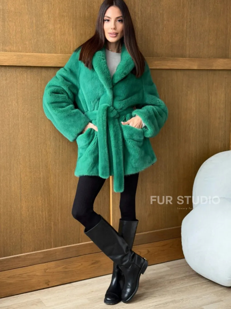 Шуба из плюшевой норки VELVEТ - изумруд