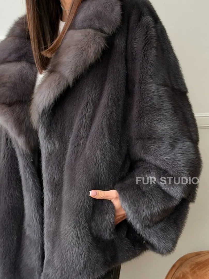 Автоледи норковая с воротником куницы - графит