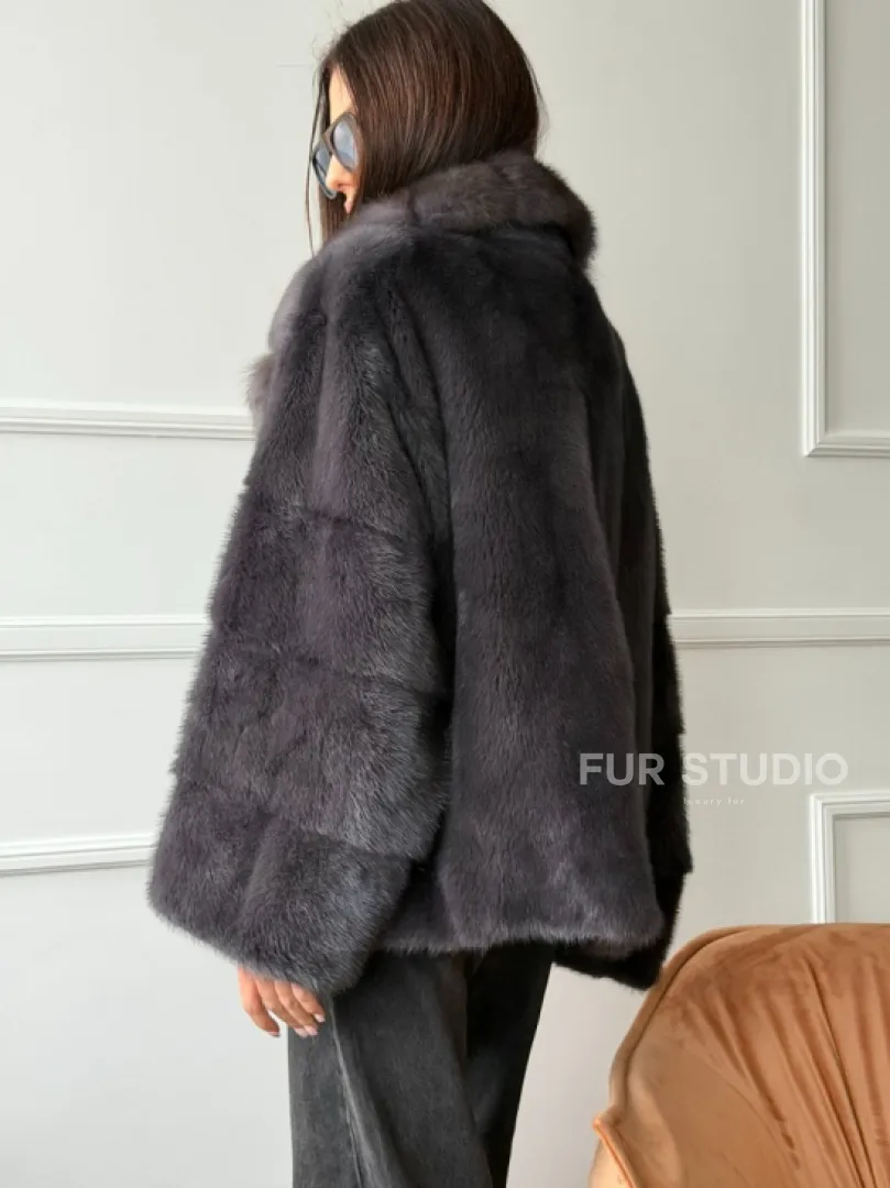 Автоледи норковая с воротником куницы - графит