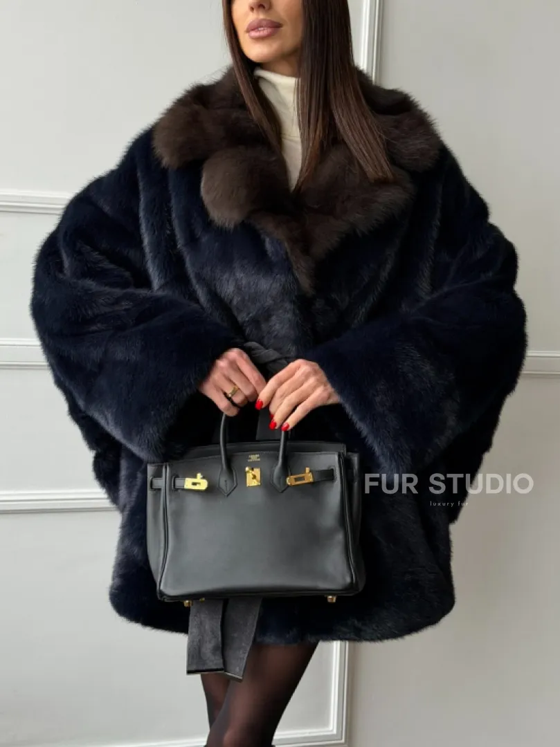 Норковый полушубок летучая мышь с воротником куницы  Dark Blue