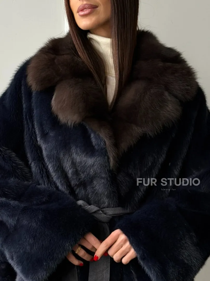 Норковый полушубок летучая мышь с воротником куницы  Dark Blue