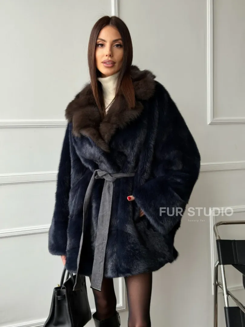 Норковый полушубок летучая мышь с воротником куницы  Dark Blue