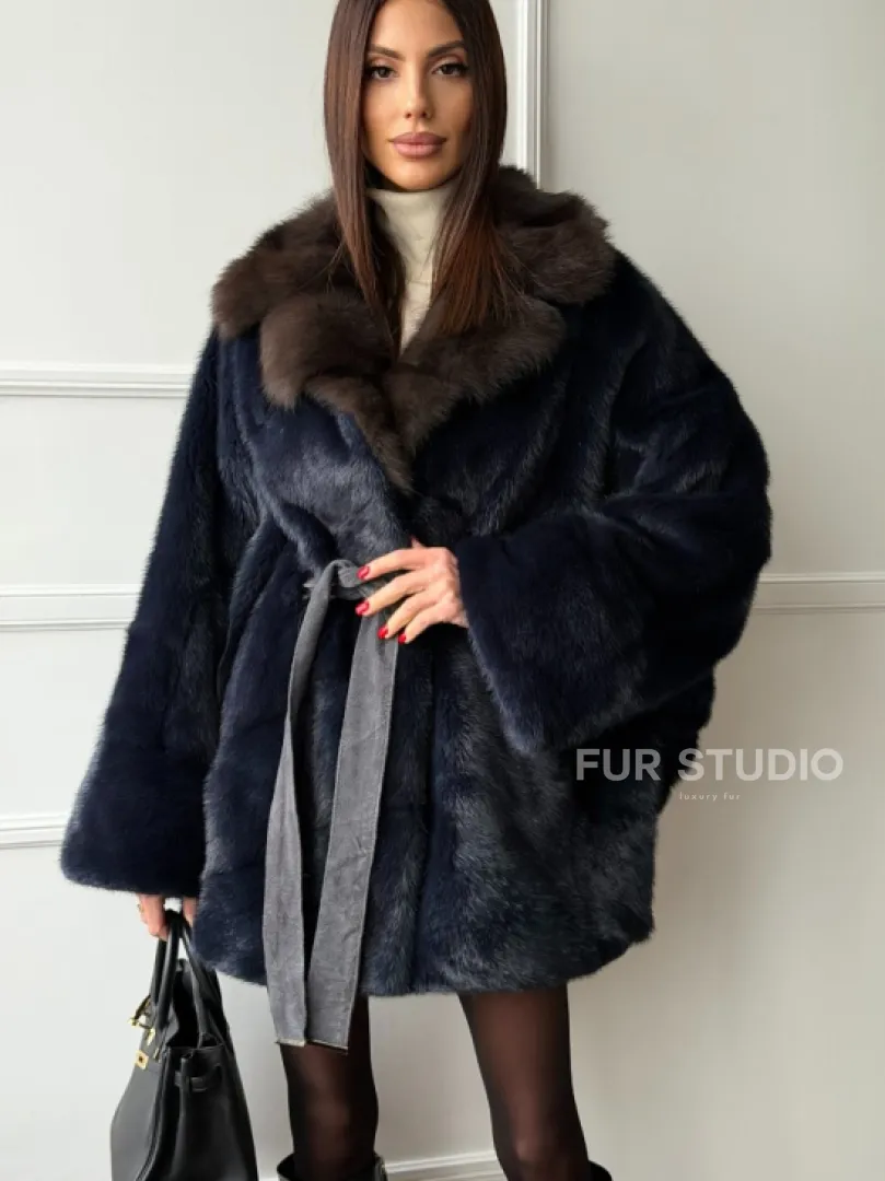 Норковый полушубок летучая мышь с воротником куницы  Dark Blue