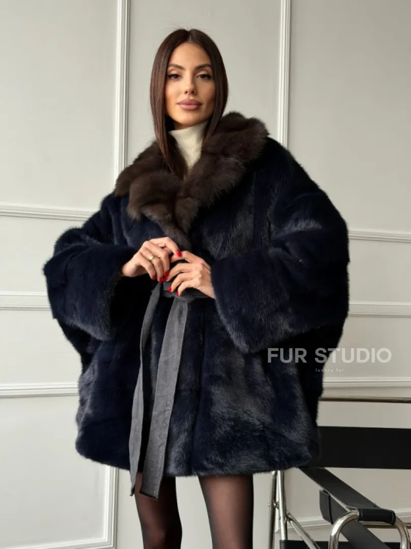 Норковый полушубок летучая мышь с воротником куницы  Dark Blue