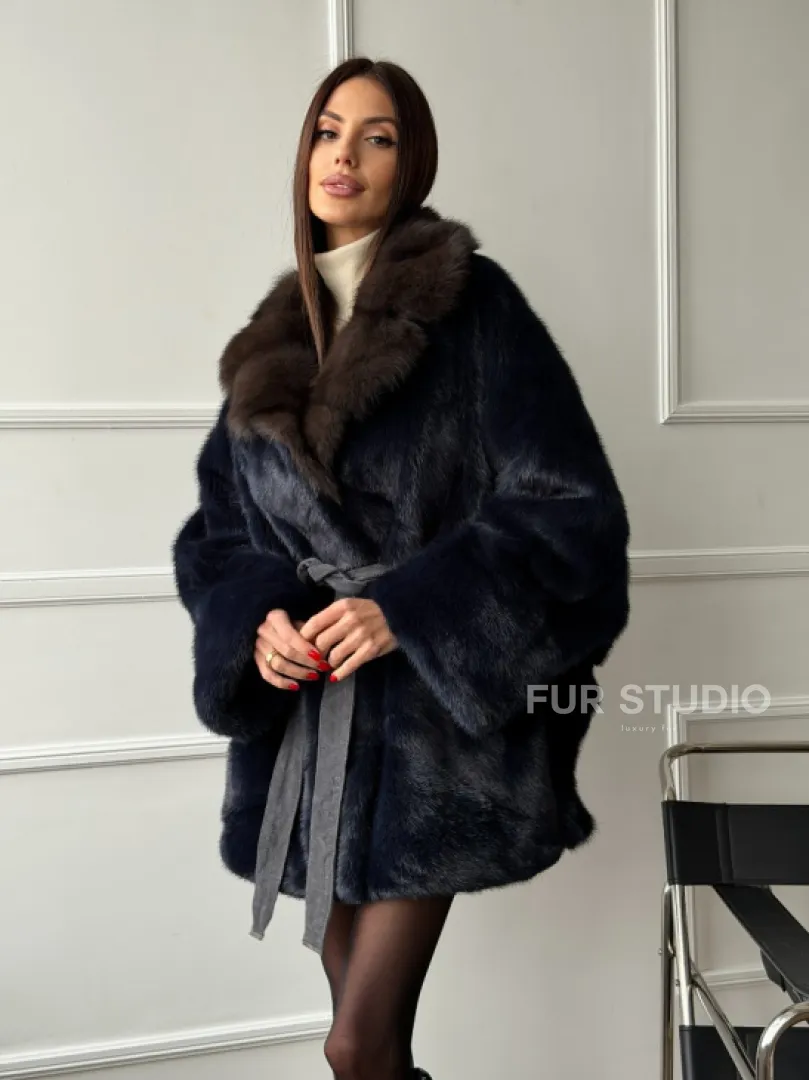 Норковый полушубок летучая мышь с воротником куницы  Dark Blue
