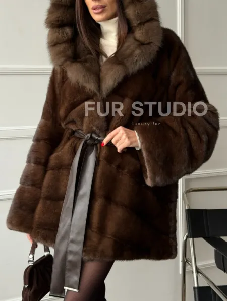 Шуба норка - кимоно с капюшоном - фото 1