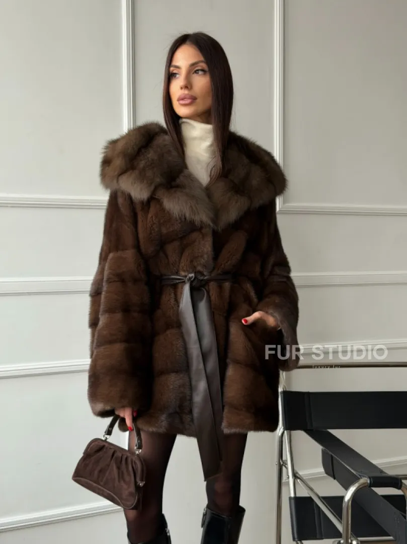Шуба норка - кимоно с капюшоном