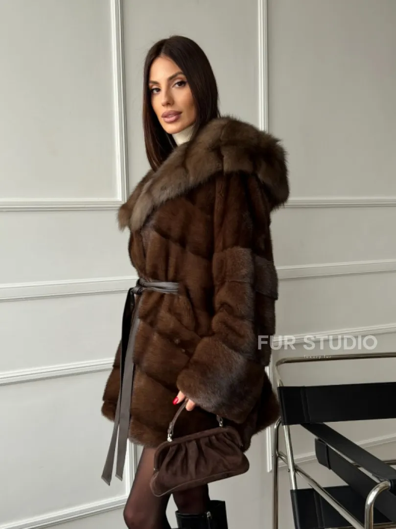 Шуба норка - кимоно с капюшоном