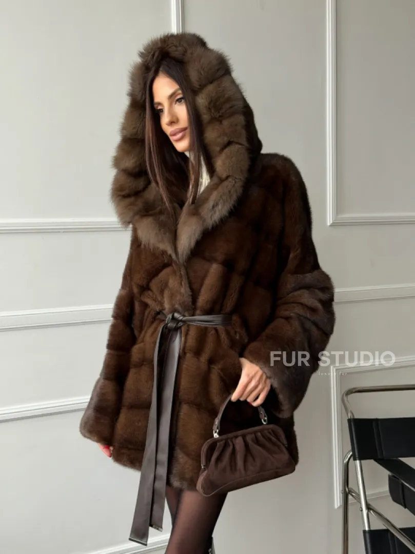 Шуба норка - кимоно с капюшоном