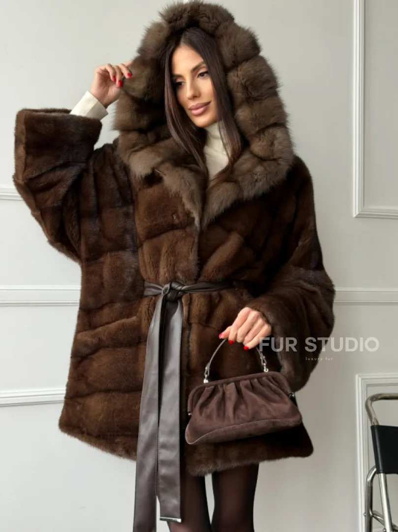 Шуба норка - кимоно с капюшоном