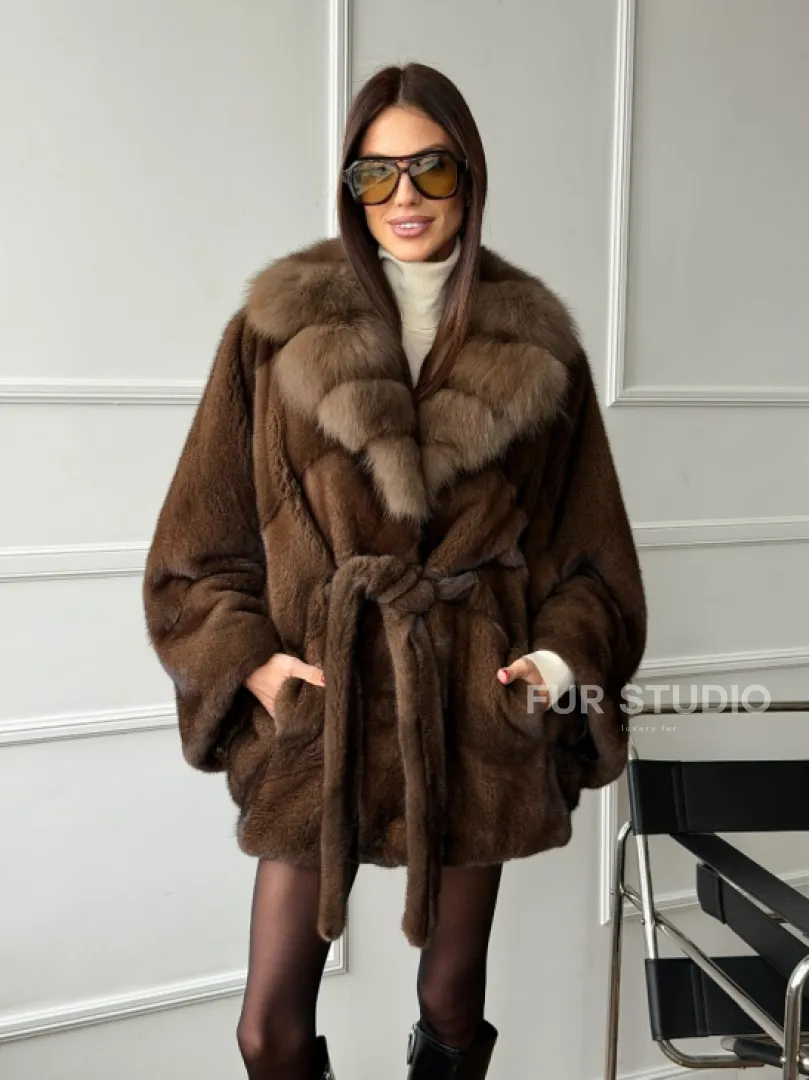 Полушубок автоледи норковый - воротник куница