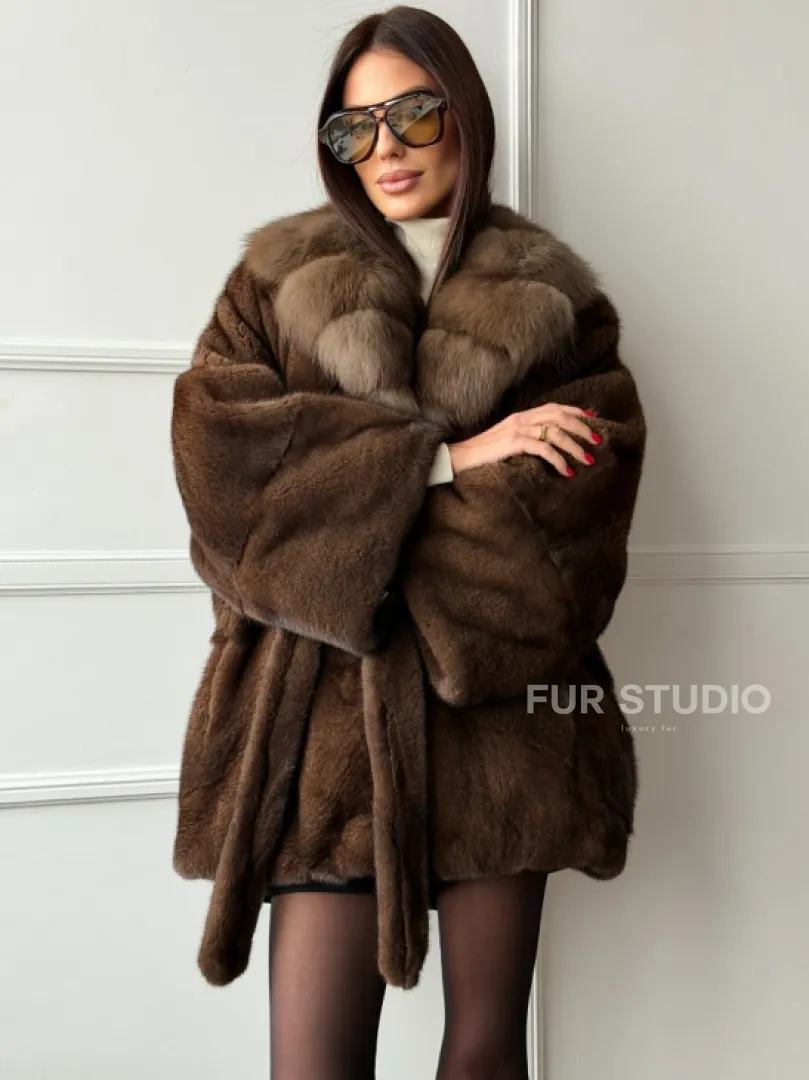 Полушубок автоледи норковый - воротник куница