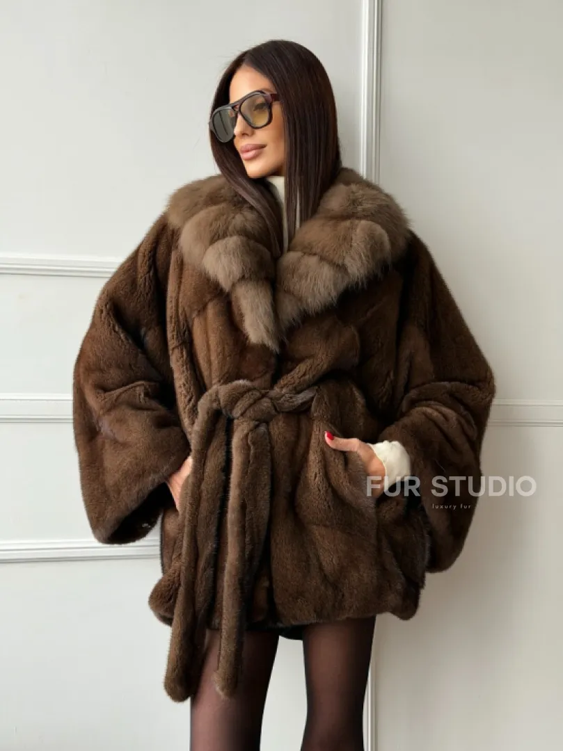 Полушубок автоледи норковый - воротник куница