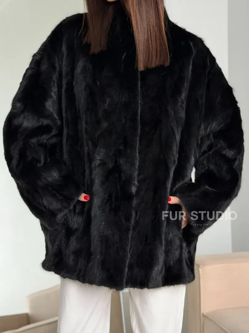 Шуба норковая из кусочков в стиле оверсайз