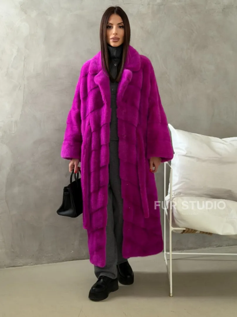 Длинная норковая шуба - цвет фуксия