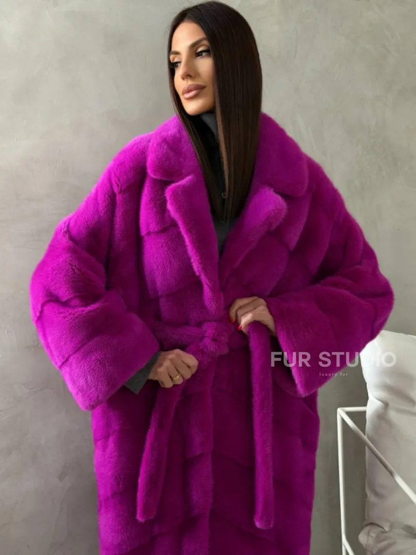 Длинная норковая шуба - цвет фуксия