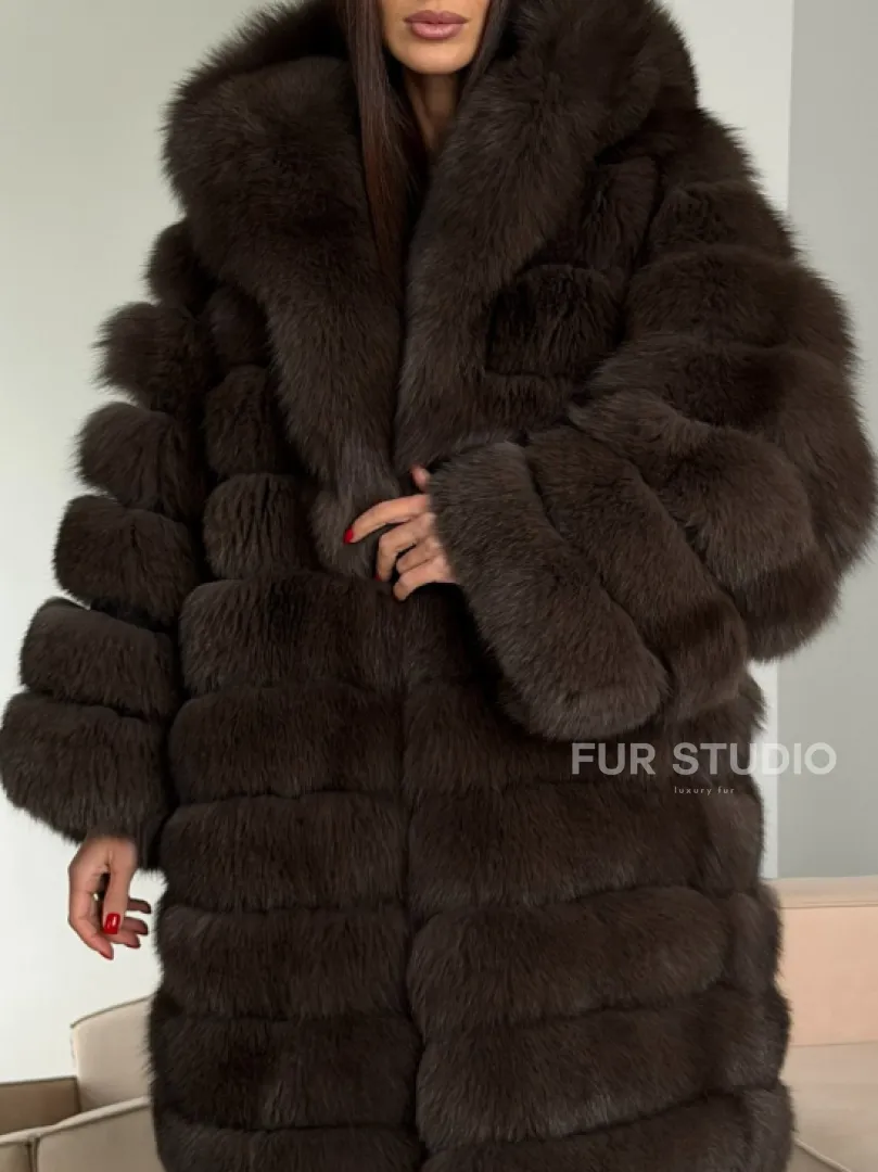 Шуба из песца с капюшоном