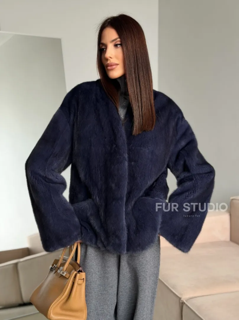 Короткий норковый жакет - синий графит