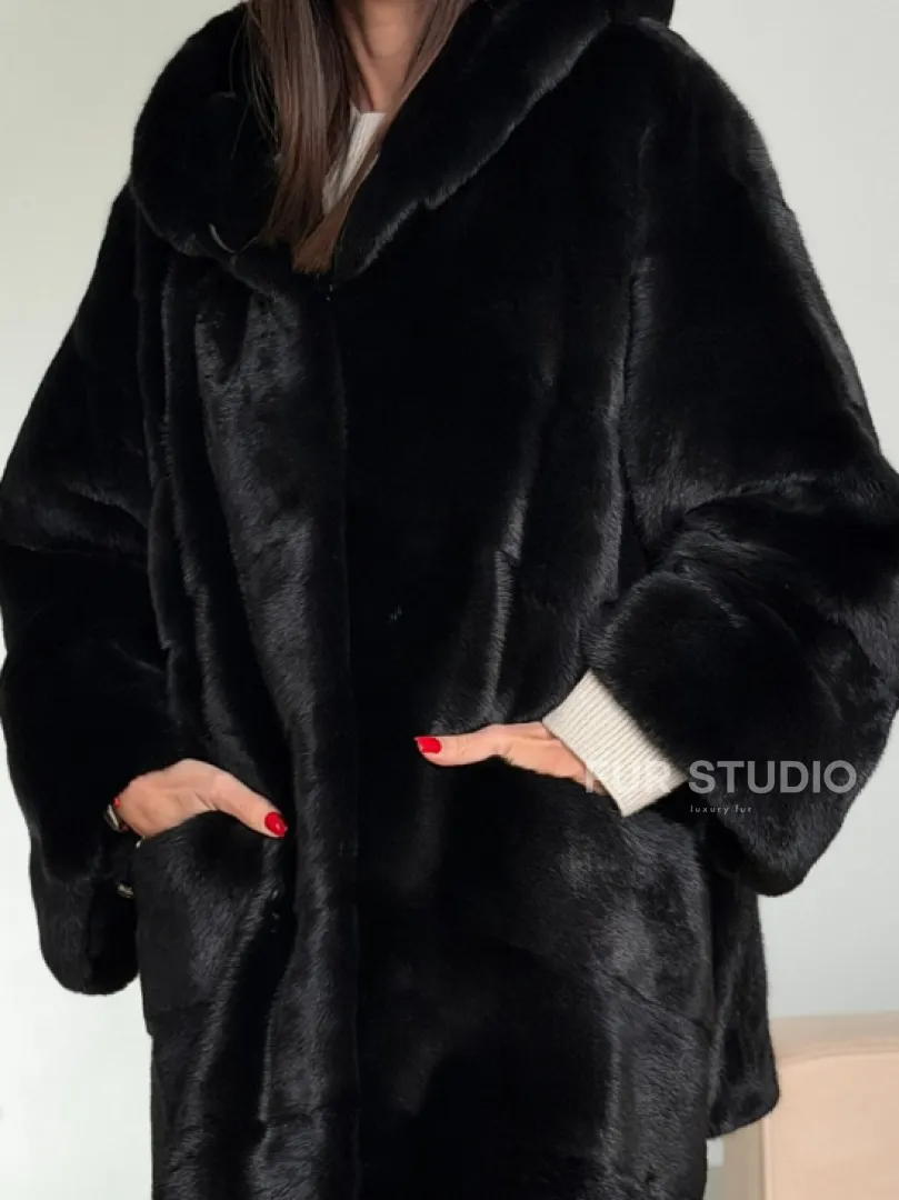 Норка шуба BLACKGLAMA паркет кимоно с капюшоном