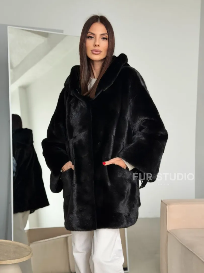 Норка шуба BLACKGLAMA паркет кимоно с капюшоном