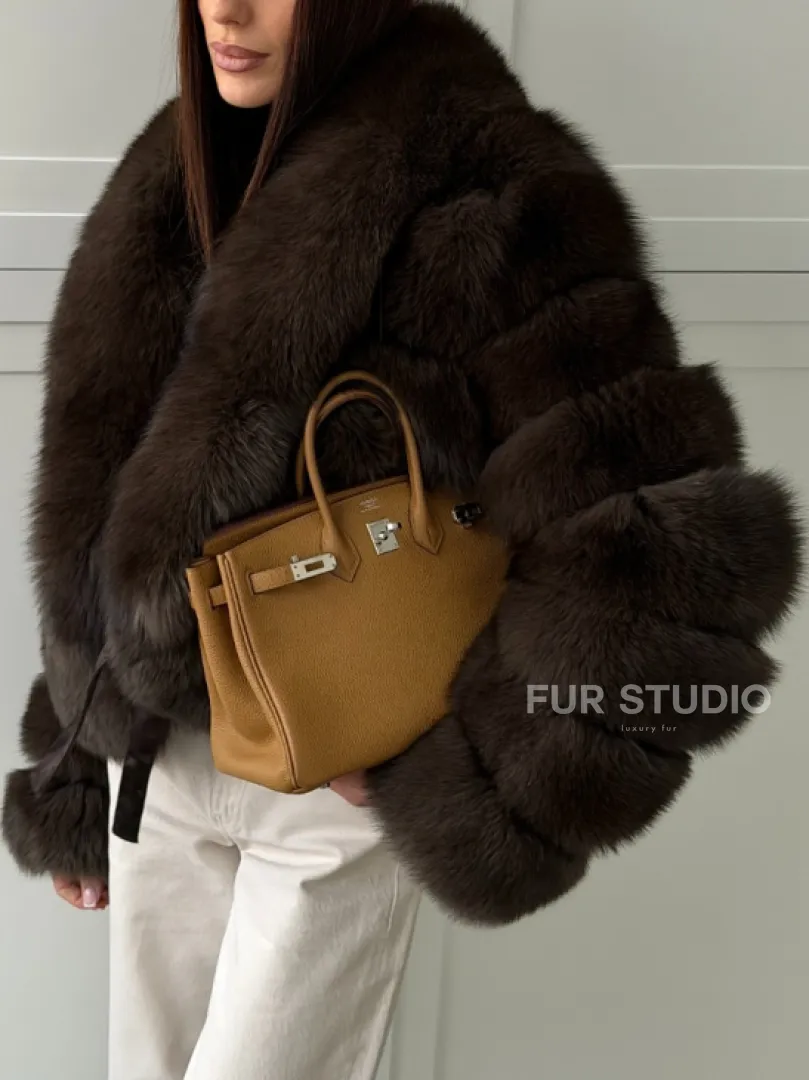 Полушубок-кроп из песца с шалевым воротником