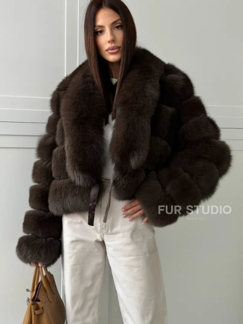 Полушубок-кроп из песца с шалевым воротником