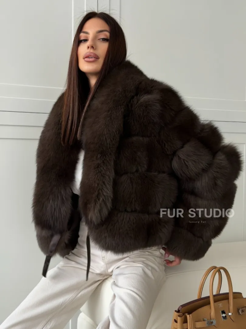 Полушубок-кроп из песца с шалевым воротником