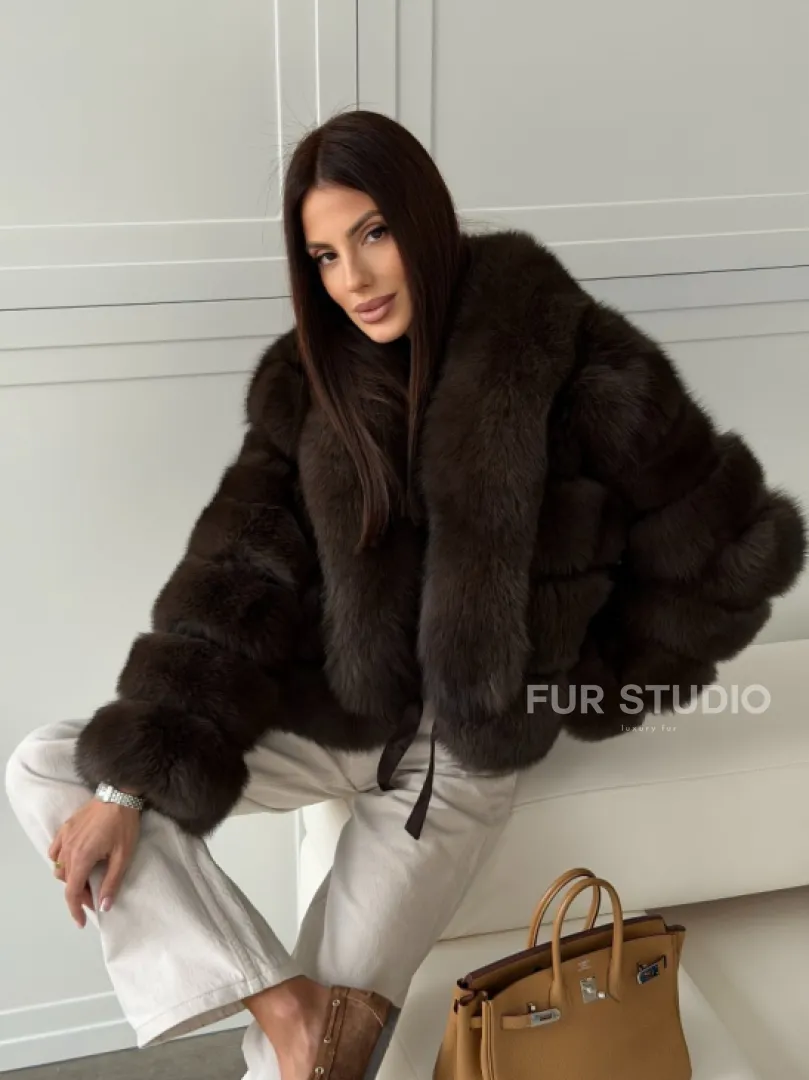 Полушубок-кроп из песца с шалевым воротником