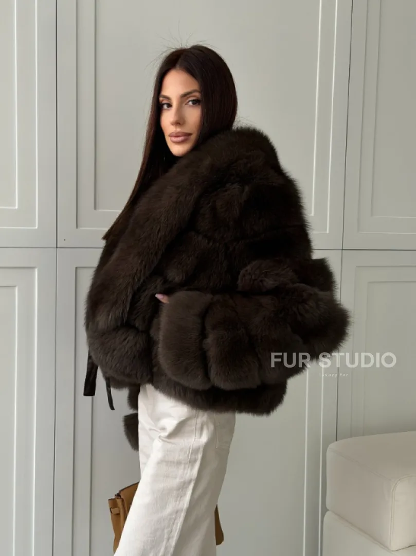 Полушубок-кроп из песца с шалевым воротником