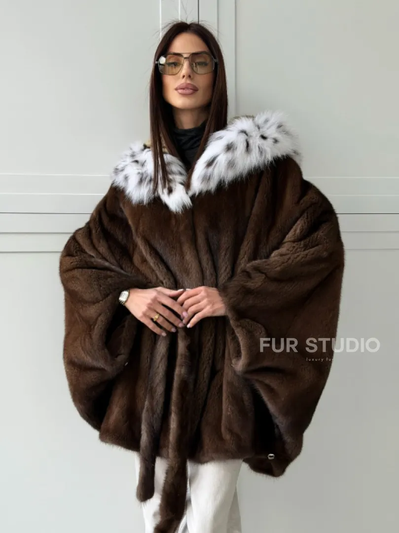 Норковая шуба с капюшоном по рысь