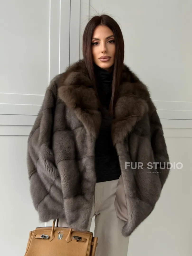 Шуба норковая автоледи - воротник куница (серый)