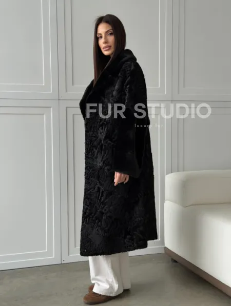 Черная шуба из каракуля с норкой - фото 14
