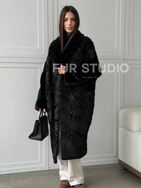 Черная шуба из каракуля с норкой - фото 8