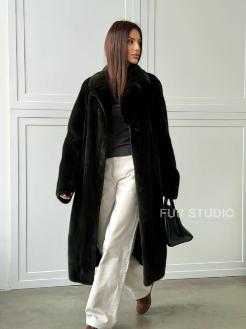 Темная норковая шуба в росшив - английский воротник 